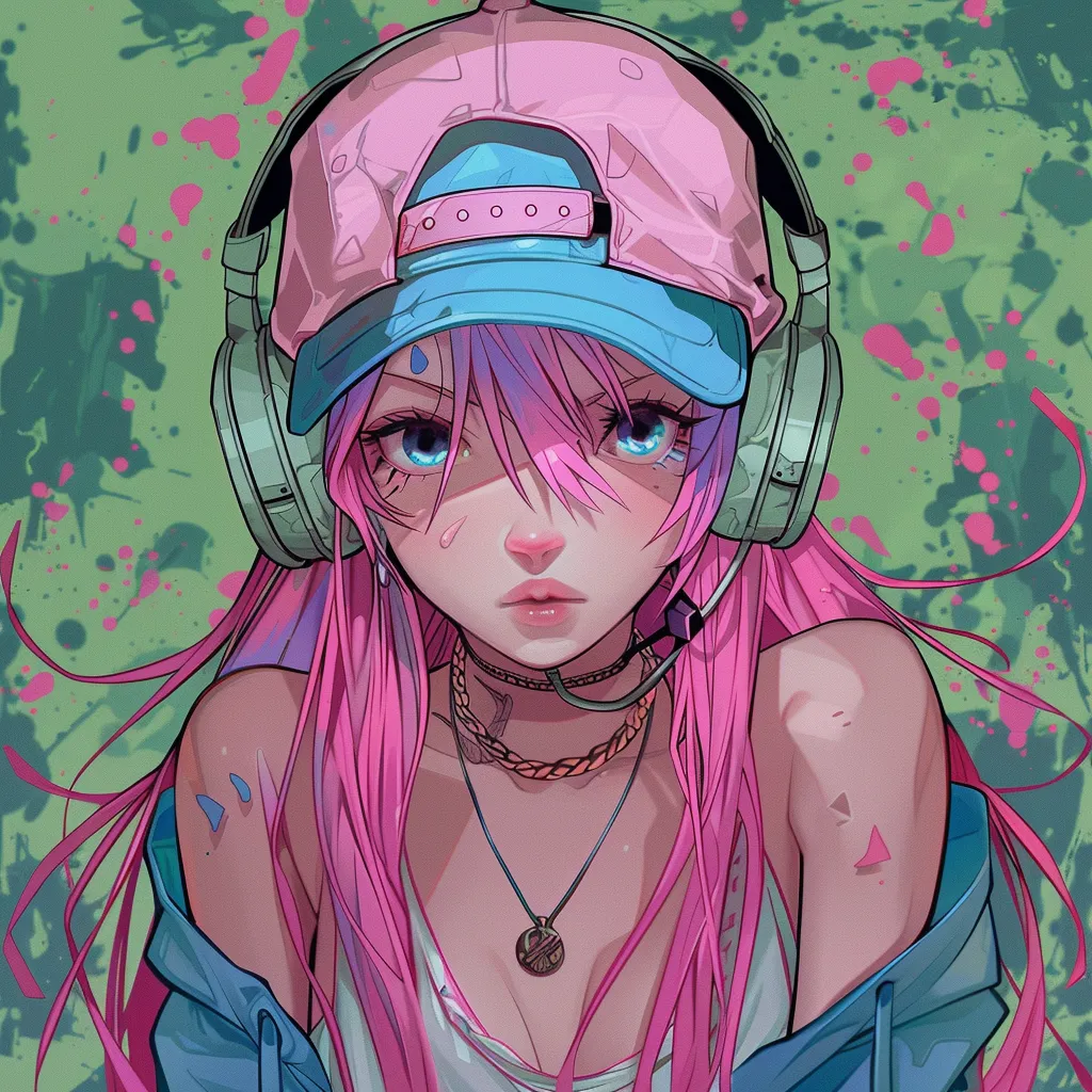 phonk anime pfp headphones, hatsune, uta, grunge, pink