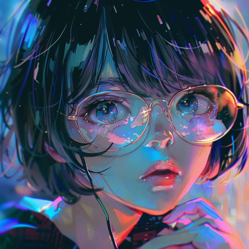 insane anime pfp lofi, omori, glasses, neon, violet