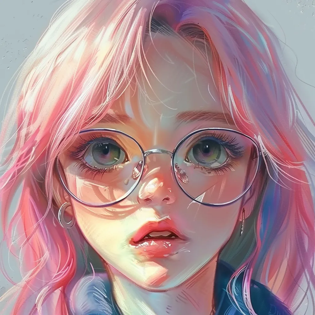 unique anime pfp study, glasses, pink, pastel, luka