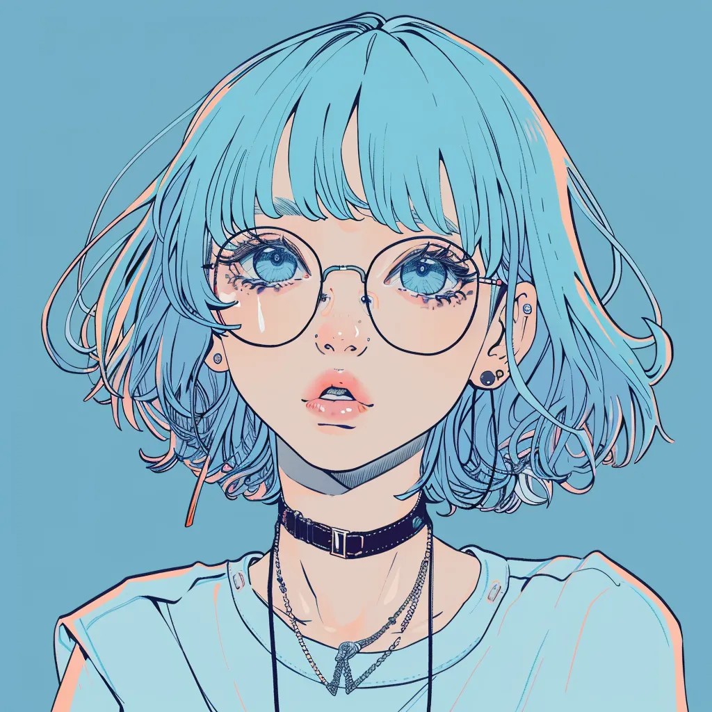 japanese anime pfp glasses, blue, study, pastel, girl