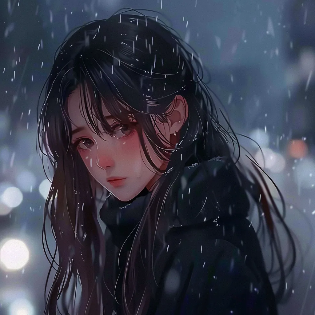 lonely anime pfp winter, rain, cold, nezuko, lofi