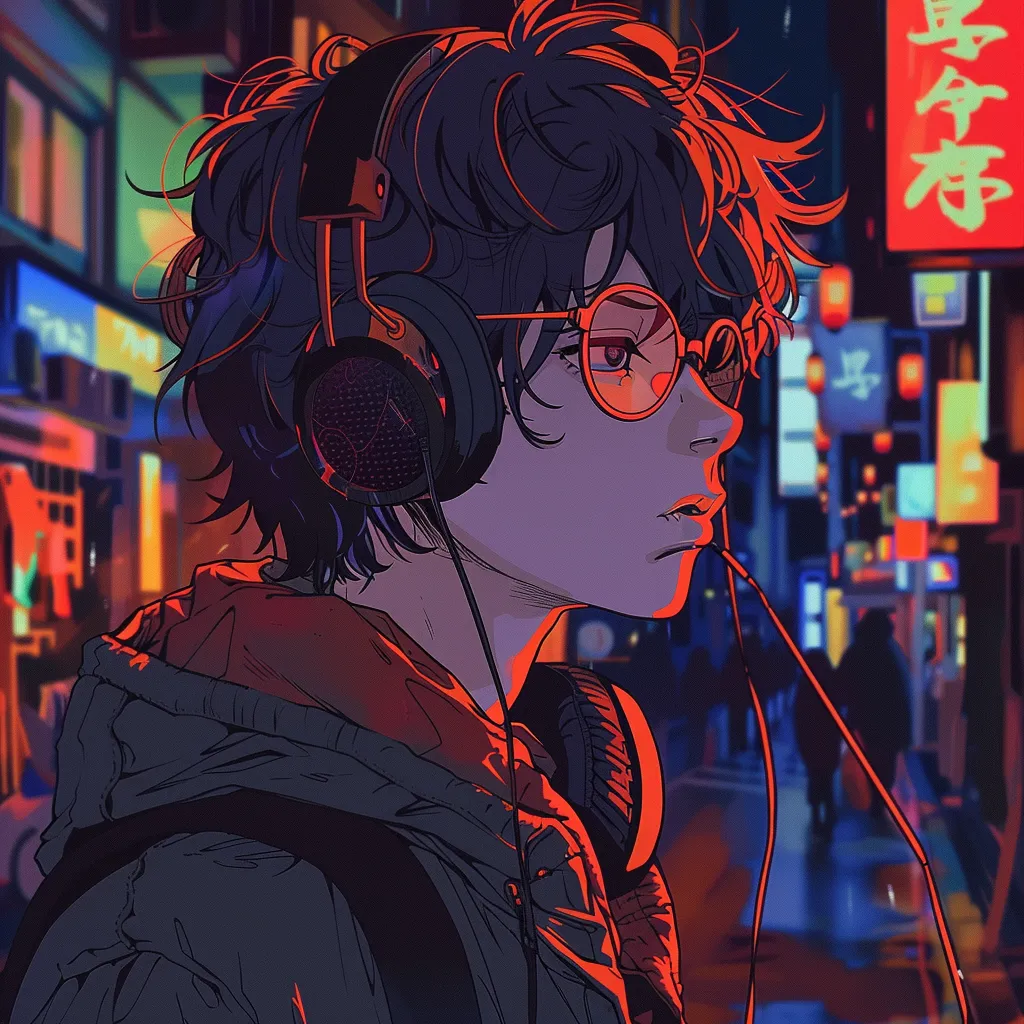 lofi anime pfp lofi, tokyo, neon, headphones, stranger