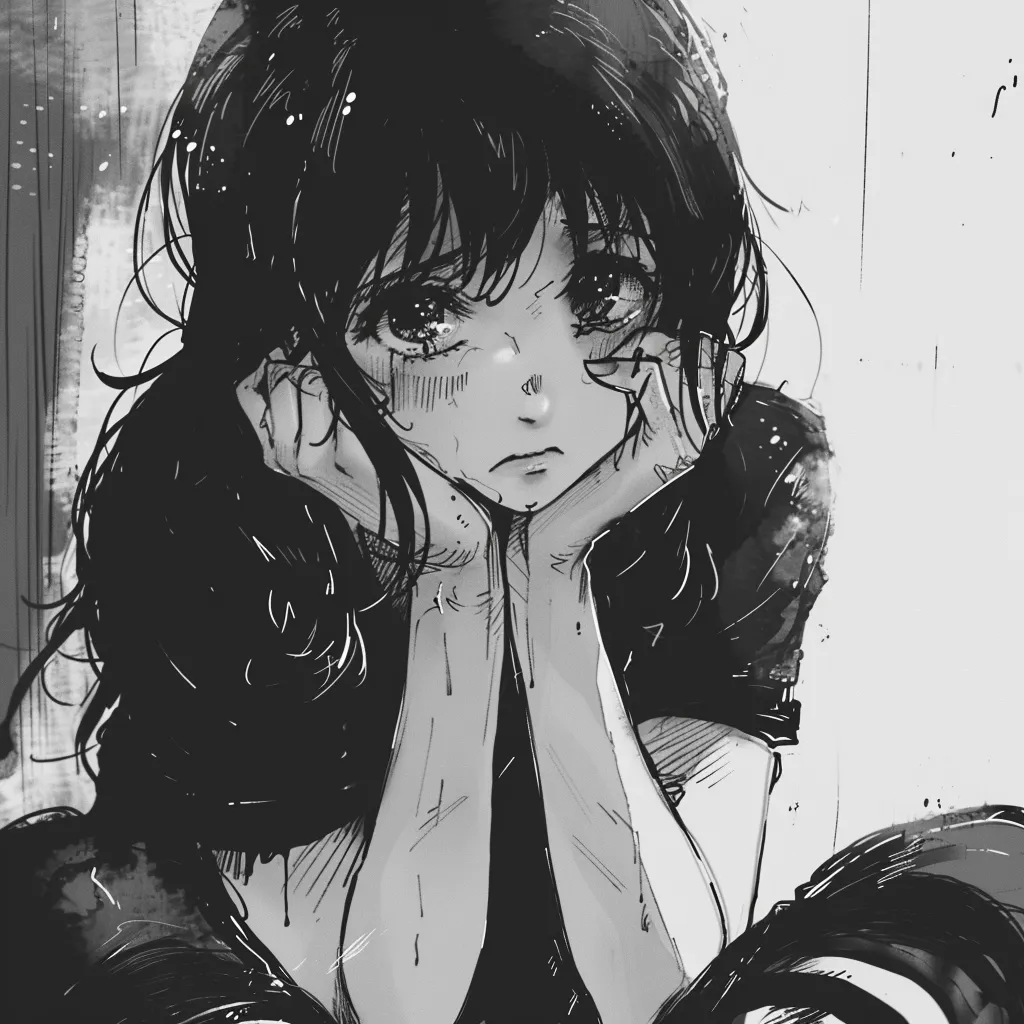 anime pfp black and white sad