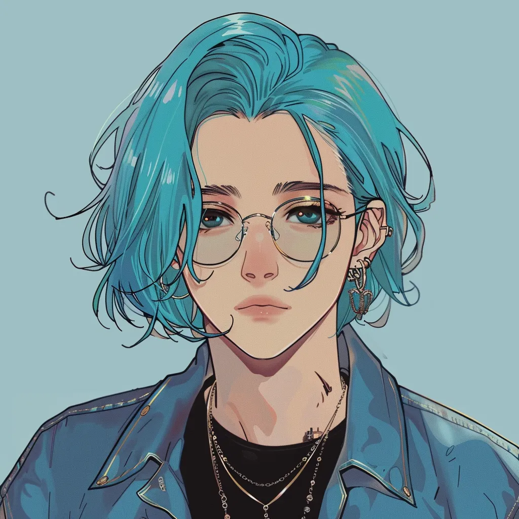 non binary anime pfp glasses, blue, study, scott, hair