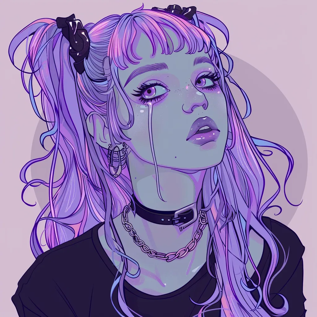 pastel anime pfp goth, violet, grunge, uzi, zombie