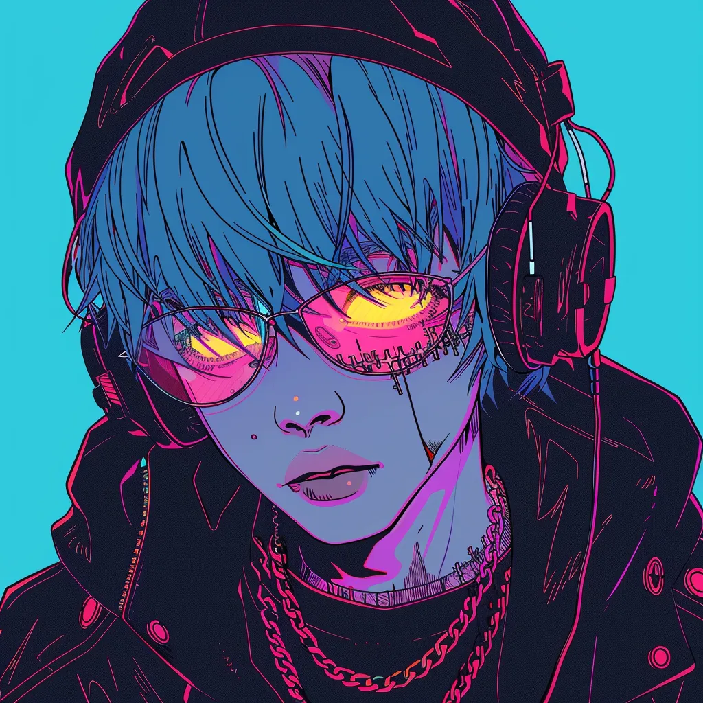 weirdcore anime pfp neon, headphones, ghoul, mob, mask