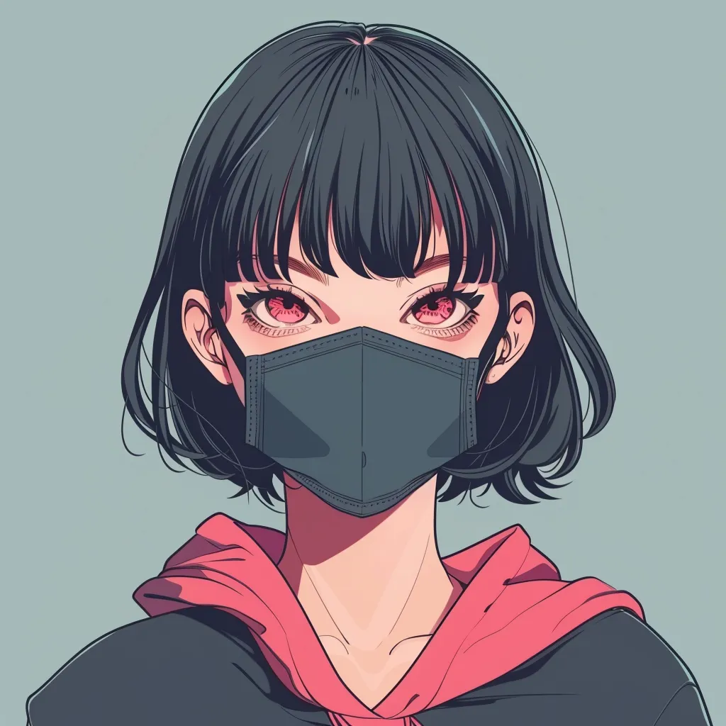 anime pfp with mask mask, nico, hoodie, sharingan, himiko