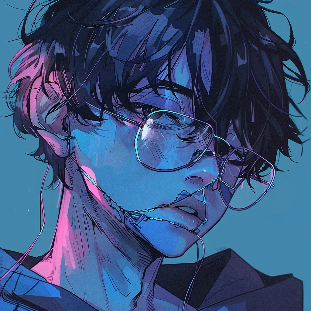 weirdcore anime pfp glasses, study, tear, nerd, blue
