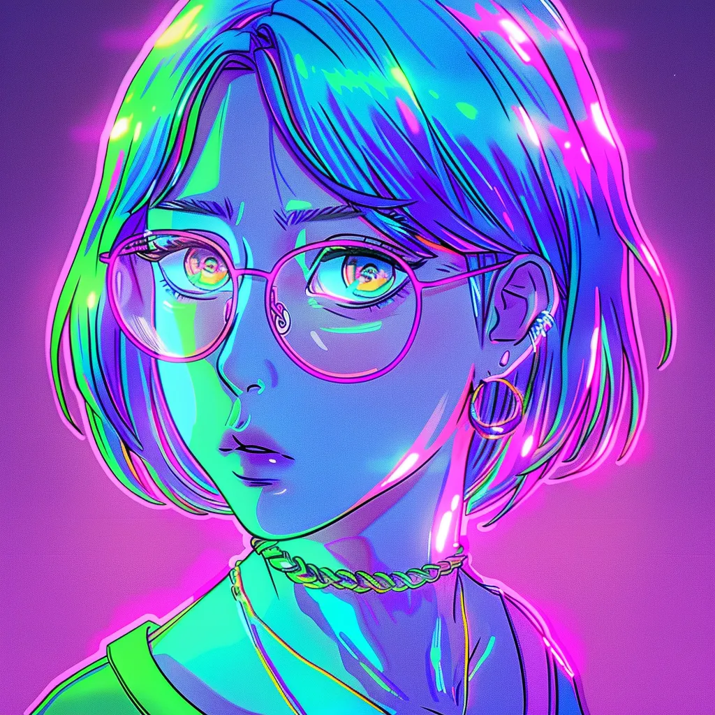neon anime pfp neon, vaporwave, violet, glasses, girl