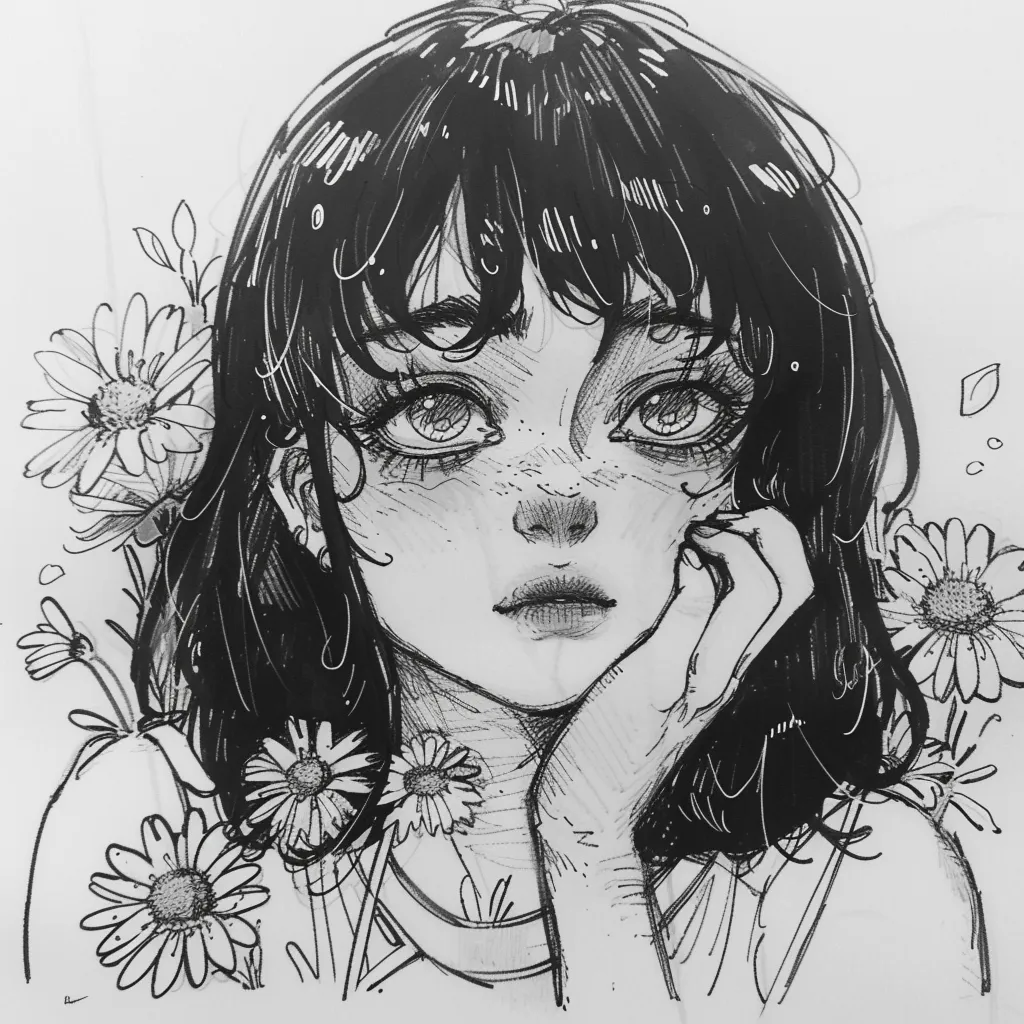 aesthetic anime drawings pinterest lofi, flowers, drawing, girl