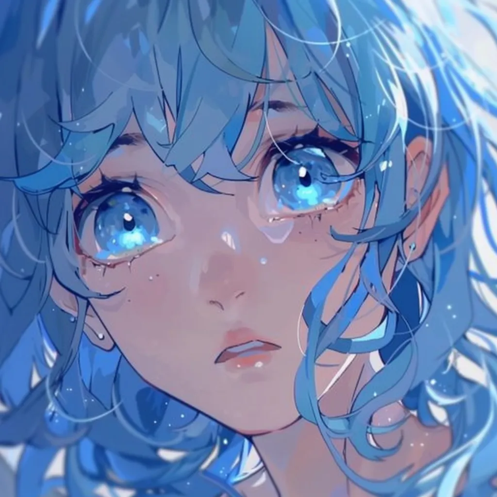 light blue anime pfp tear, ocean, ice, miku, upset