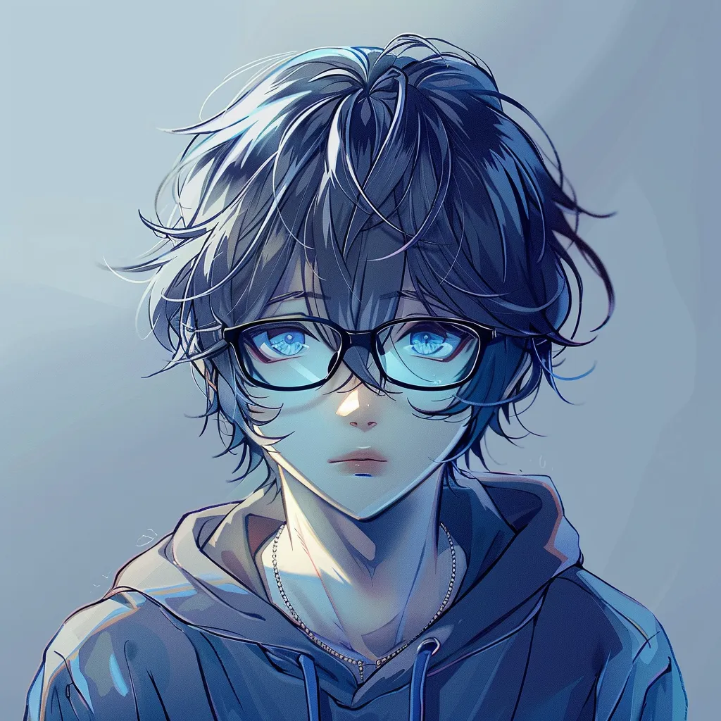 anime pfp with glasses glasses, nerd, blue, sigma, hoodie
