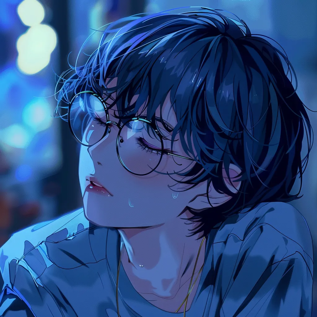 tired anime pfp study, glasses, blue, lofi, omori