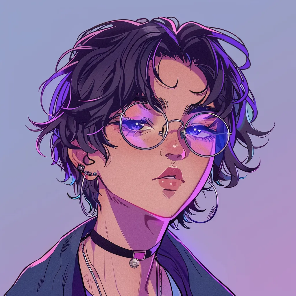 non binary anime pfp glasses, nerd, violet, study, pastel