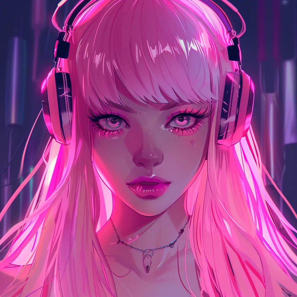 tiktok anime pfp headphones, pink, neon, luka, aesthetic