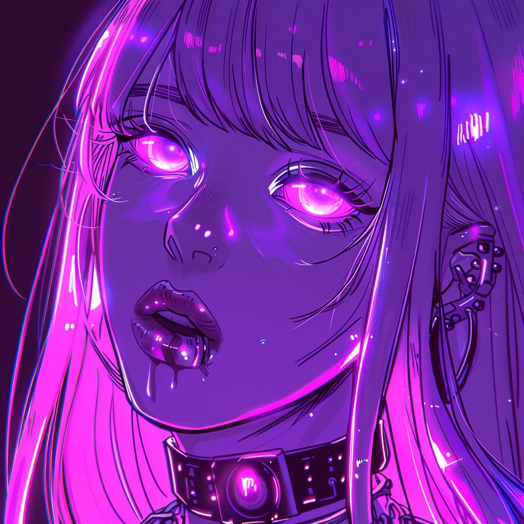 neon anime pfp violet, neon, purple, goth, vampire