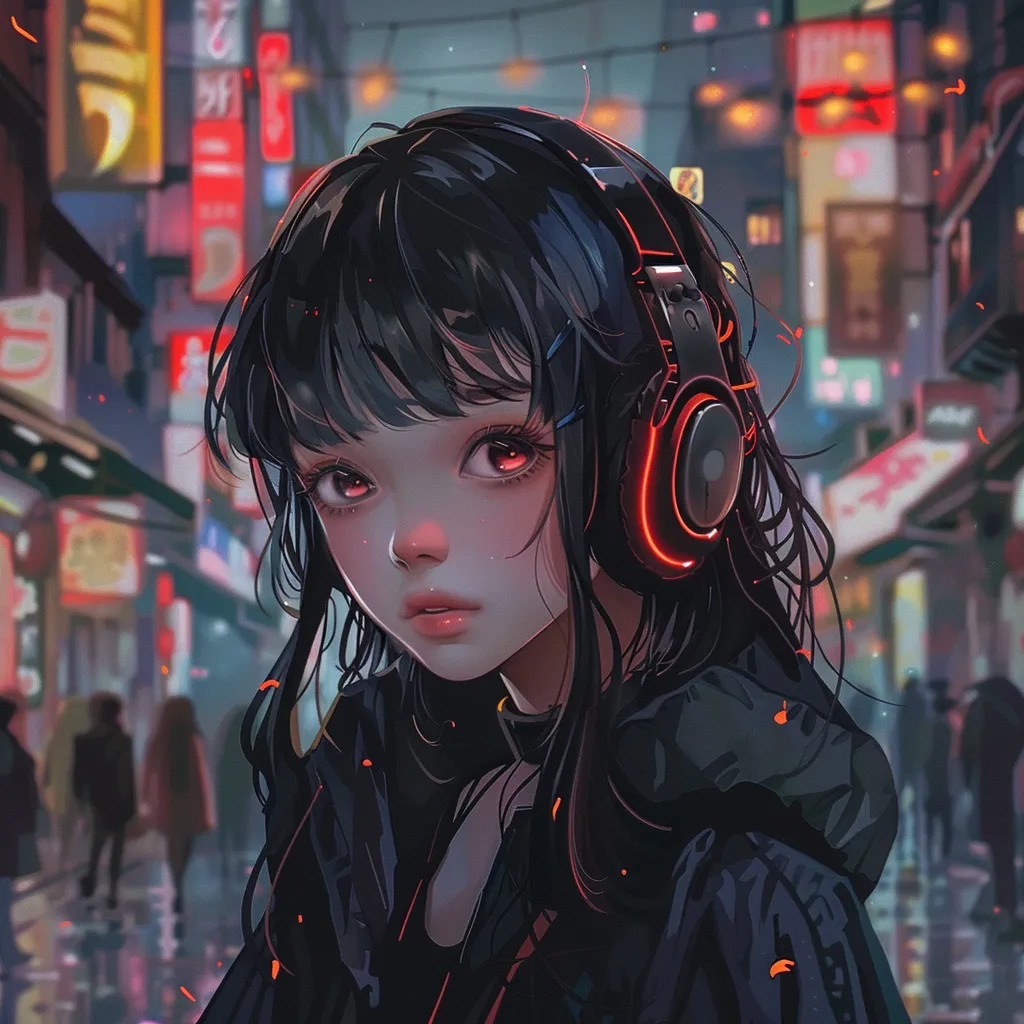 japanese anime pfp lofi, headphones, nico, nezuko, tokyo