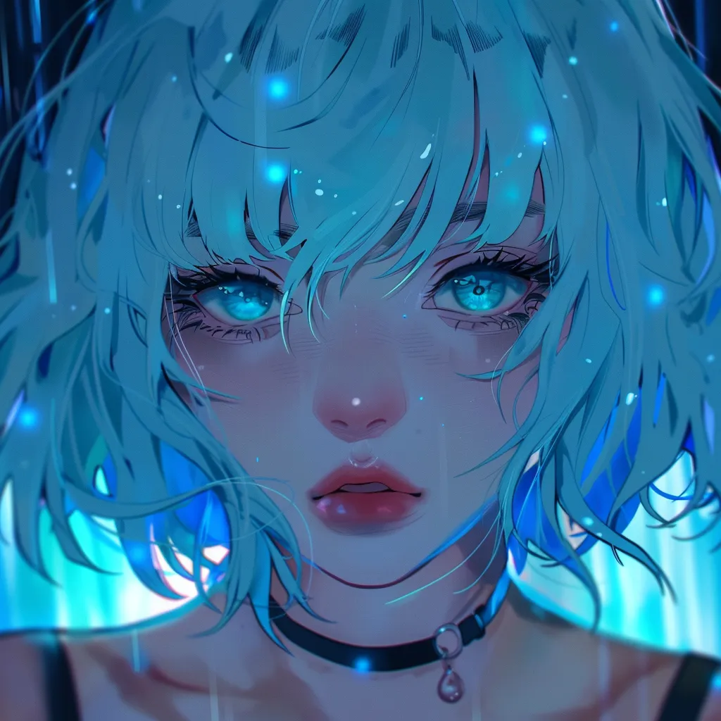 alt anime pfp shattered, tear, neon, blue, eyes